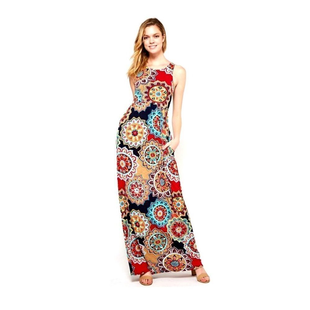 Bohemian Racer-Back Tank Multi-color Navy Red Flower Medallion Maxi Dress XL - Picture 7 of 12